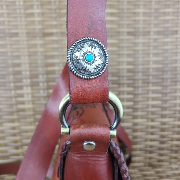 Handcrafted Brown Leather Crossbody Bag Beaded Embossed Humming Bird Design - Picture 11 of 16